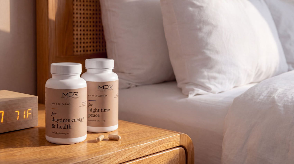 MDR Day and Night bottles on a bedside table in morning light
