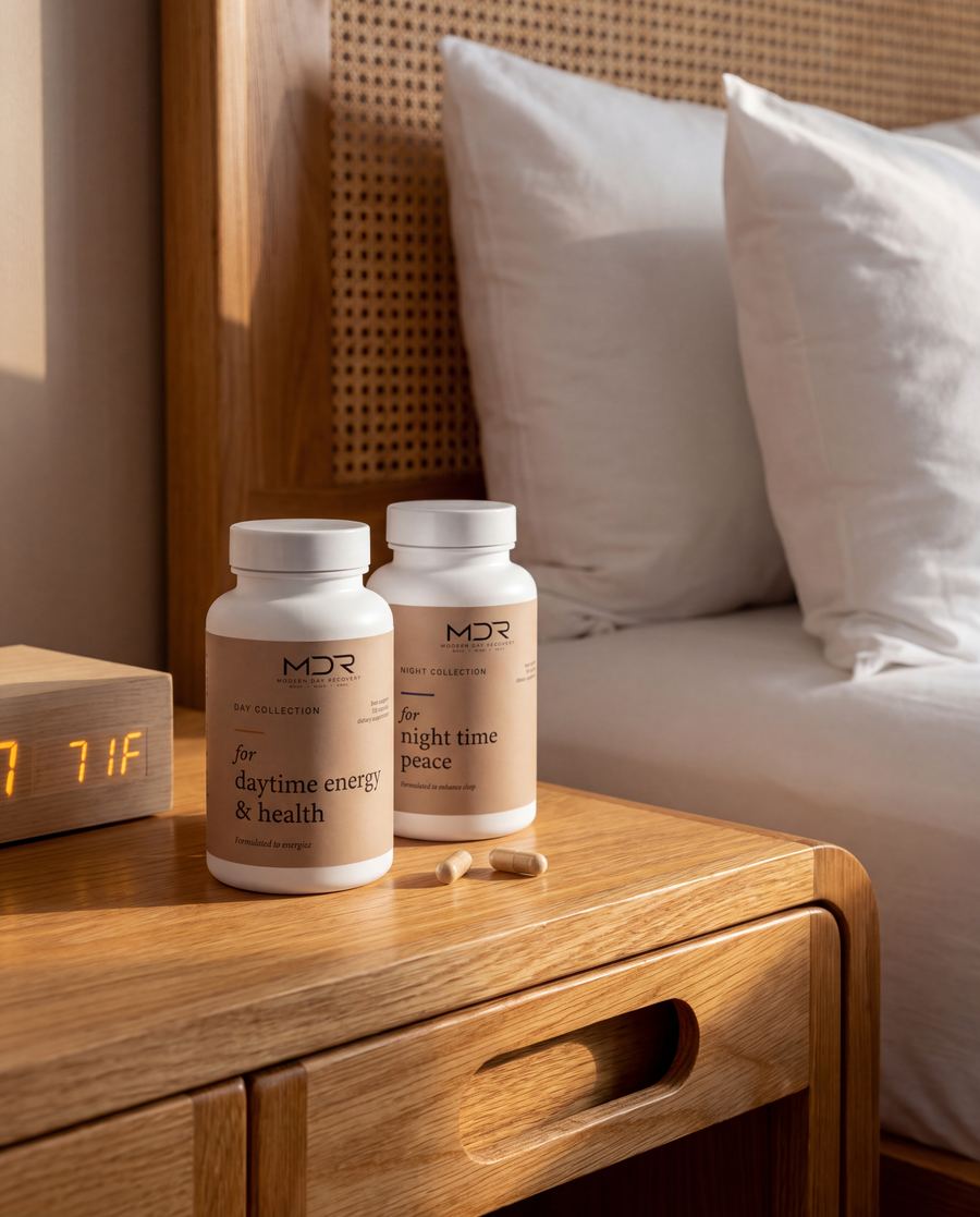 MDR Day and Night bottles on a bedside table in morning light